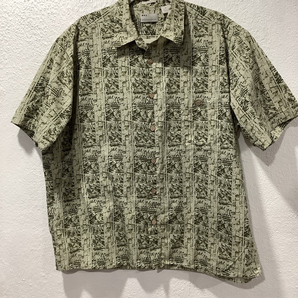 Vintage Hawaiian Shirt Natural Issue Sz XL Tan Green Tribal Hawaii 100% Cotton